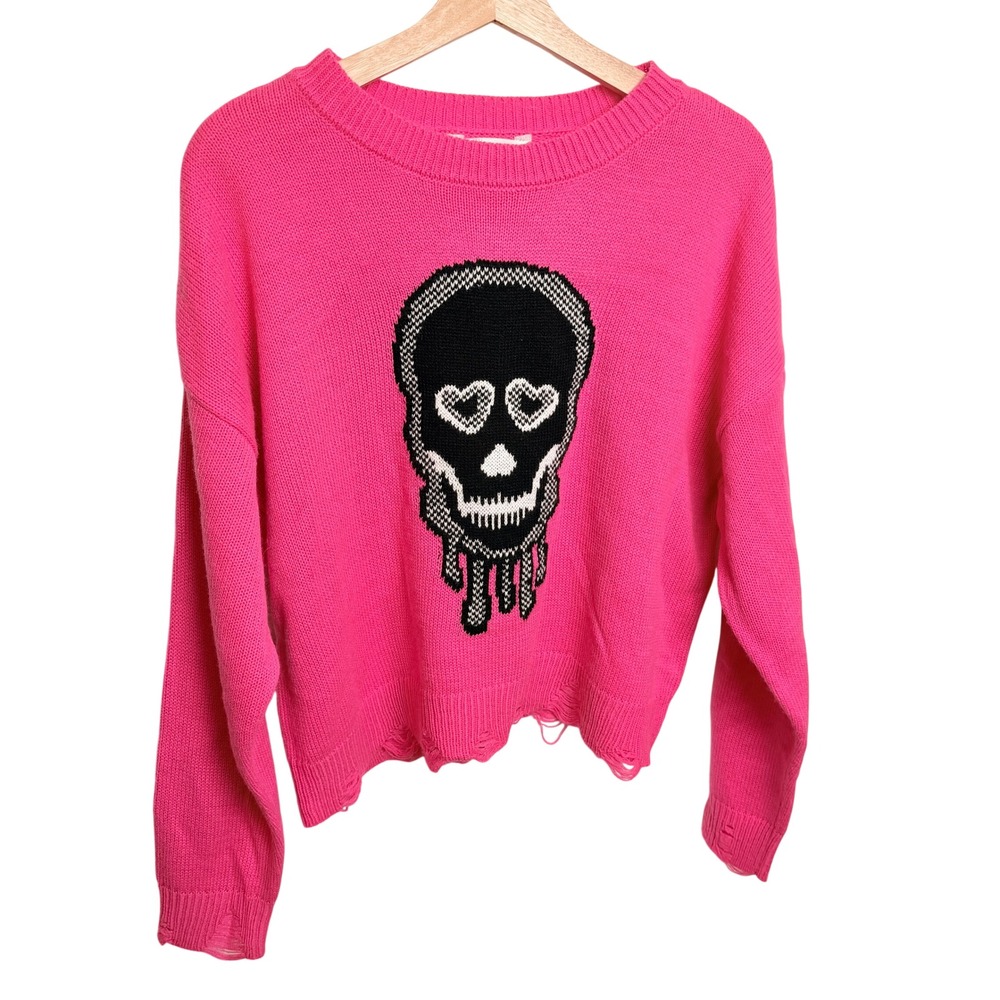 No‎ Boundaries Skull Sweater XXL Heart Pink Distressed Hem Grunge Alt Halloween